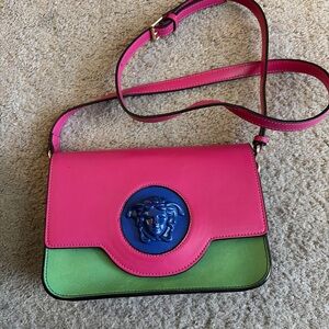 Color-Block Pink and Green Leather Crossbody with Blue Medallion